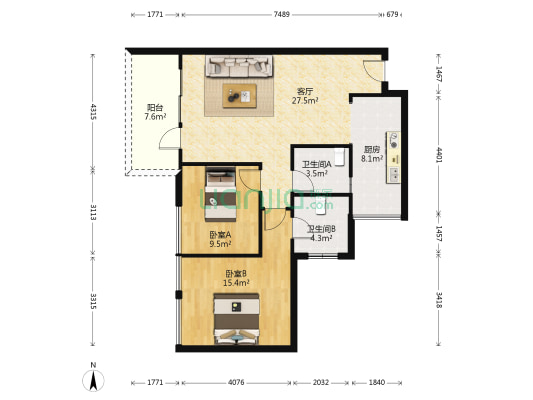 公园世家 2室1厅2卫 86平方