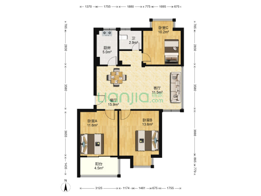 宁沁家园 3室2厅1卫 90平方