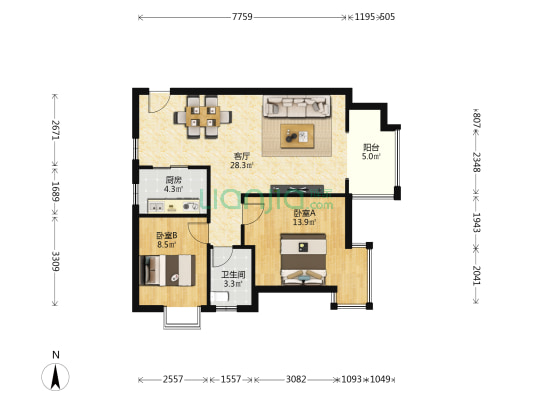 尚城公馆 2室1厅1卫 89平方