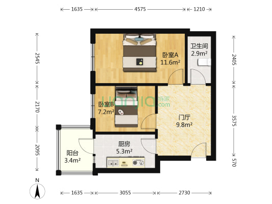 华侨名苑（军体小区） 2室0厅1卫 54平方