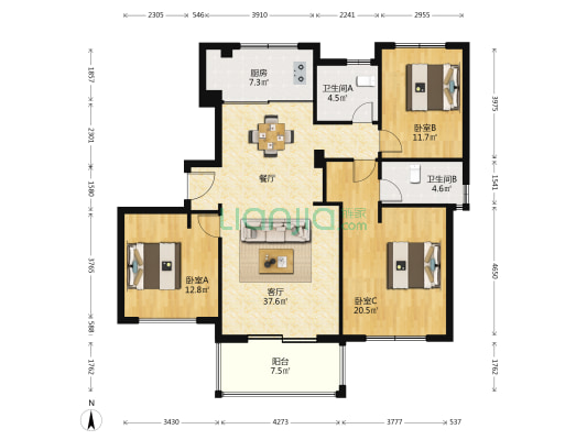 金时花园 3室1厅2卫 136平方