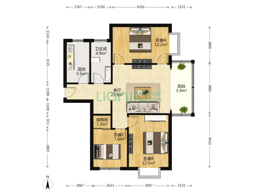 长白新城 3室1厅1卫 104平方