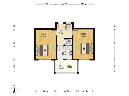 山医宿舍 2室1厅1卫 54平方