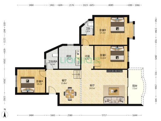 上海大道64号 3室2厅2卫 124平方