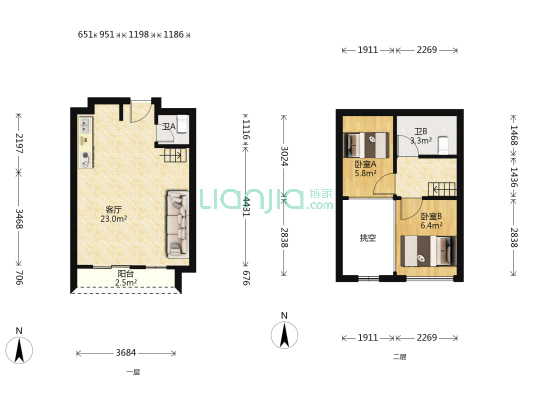 碧桂园苹果 2室1厅2卫 43平方