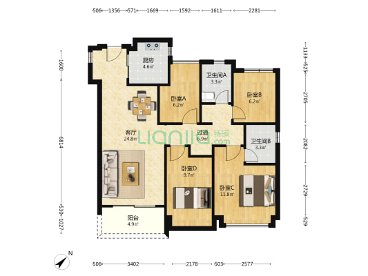 保利·明玥晨光 4室1厅2卫 109平方