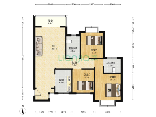 昆铁锦绣家园 3室1厅2卫 114平方