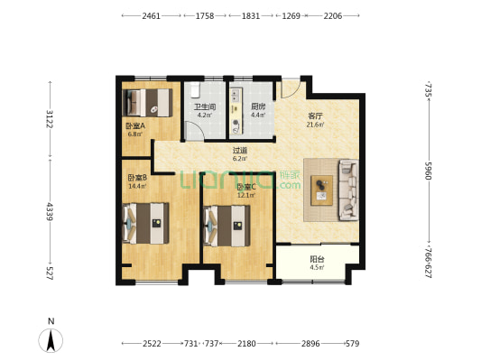 德懋府B区 3室1厅1卫 98平方