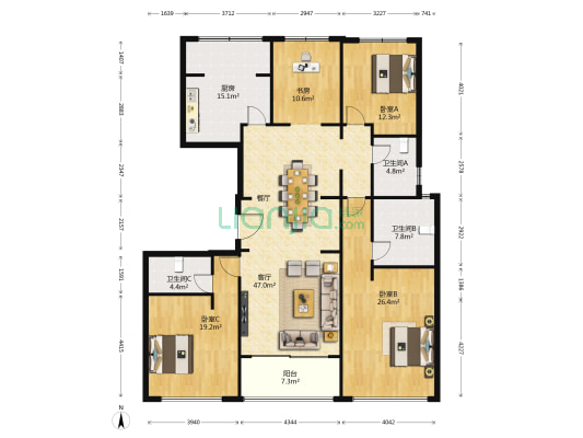 九龙仓国宾一号 4室1厅3卫 189平方