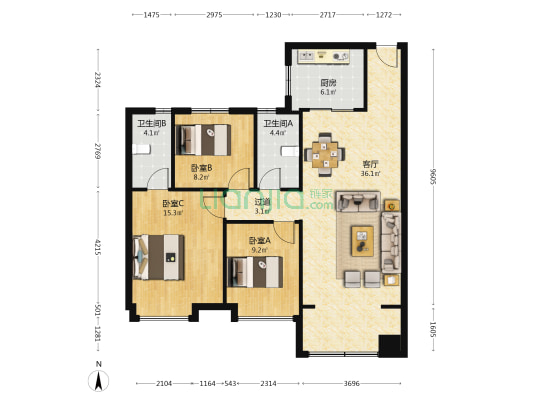 碧桂园公园上城 3室1厅2卫 118平方