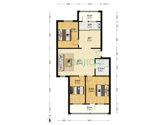 蓝天小区(涿州) 3室2厅 南 北-户型图