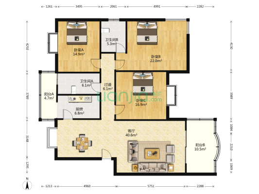 鼎新小区 3室1厅2卫 152平方