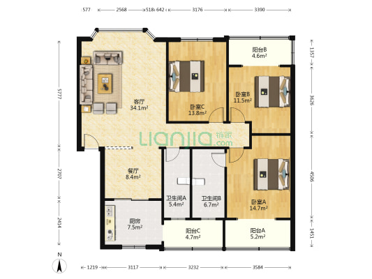 房产花苑 3室2厅2卫 140平方