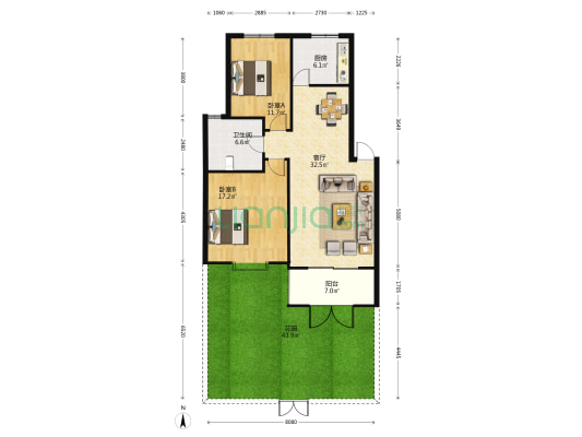 世纪彩虹城 2室1厅1卫 97平方
