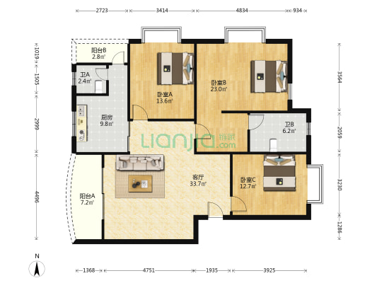 汇泉花园 3室1厅2卫 127平方