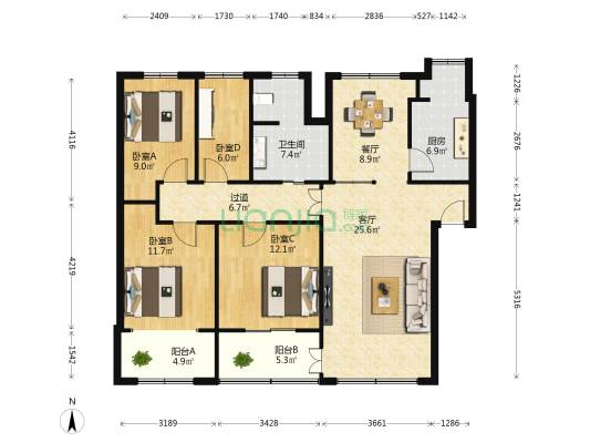滨江社区 4室2厅1卫 103平方