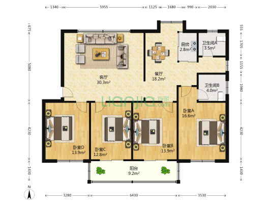广西电网公司埌东生活区 4室2厅2卫 146平方
