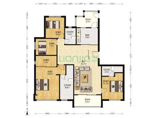 亚新海棠公馆 4室1厅3卫 164平方