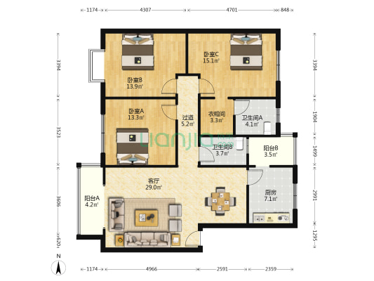 富泉家园 3室1厅2卫 122平方