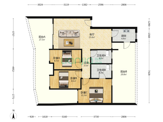 豪苑廣場 3室1厅2卫 88平方
