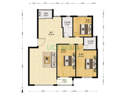 未来星城2期 3室1厅2卫 130平方