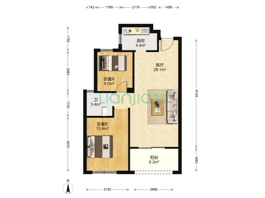 塘河锦园 2室1厅1卫 80平方