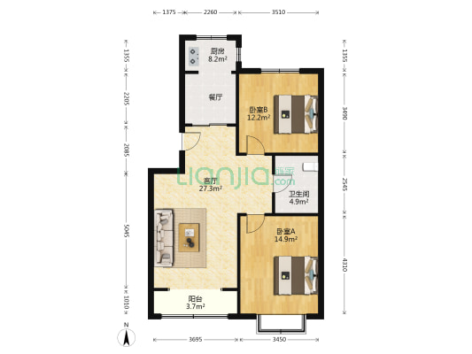 泰泽花園 2室1厅1卫 90平方