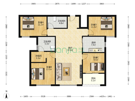 中骏天宸 4室1厅2卫 151平方