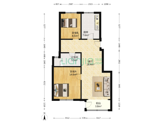 龙泽书苑 2室1厅1卫 91平方