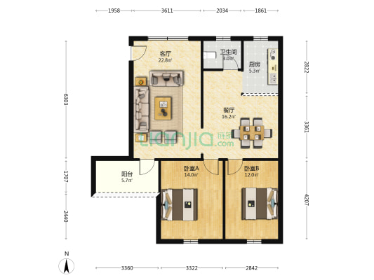 白云山化学制药厂宿舍 2室2厅1卫 93平方