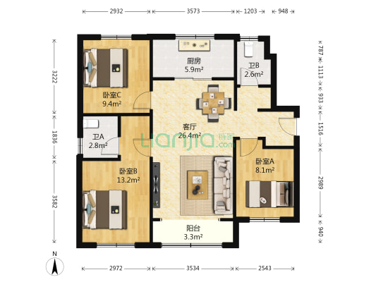 万科金色悦城新著 3室1厅2卫 108平方