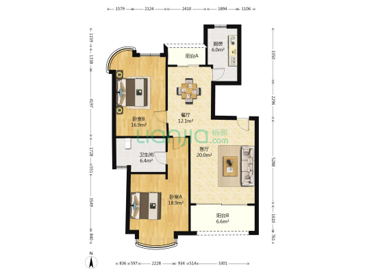 上海绿城 2室2厅1卫 110平方