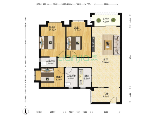 明月金岸花园 3室1厅2卫 112平方