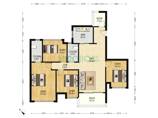 时代风华 4室1厅2卫 124平方
