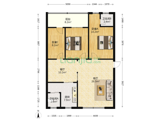 国安宿舍 3室2厅2卫 81平方
