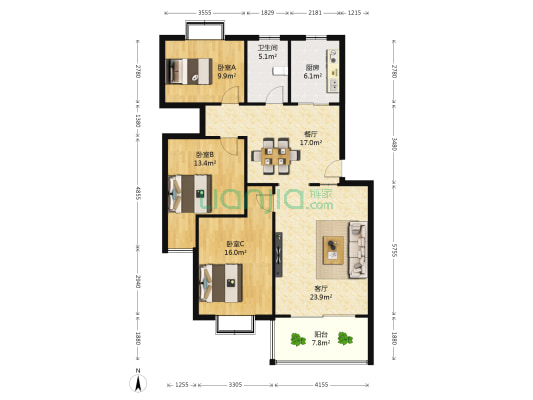 盛达花园 3室2厅1卫 124平方