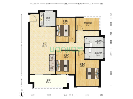 中海阅湖壹号 4室1厅2卫 128平方