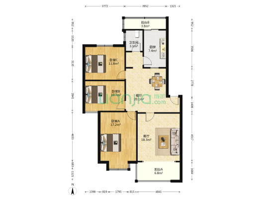 开元丽城 3室2厅1卫 118平方