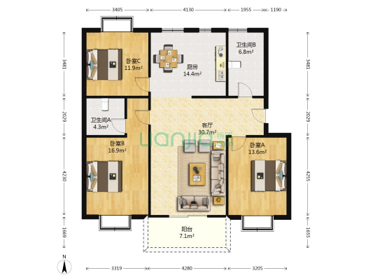 东方新家园南区 3室1厅2卫 121平方