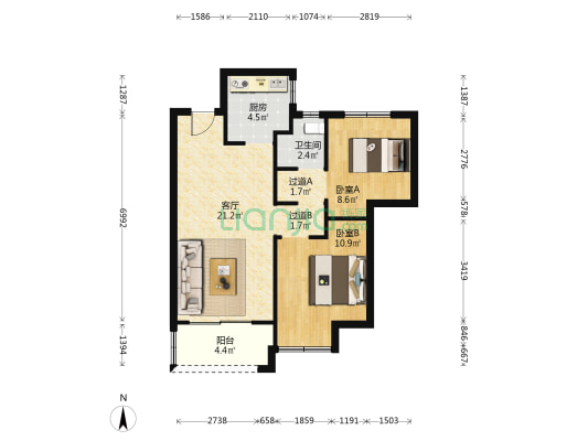 美的东润智慧城 2室1厅1卫 76平方