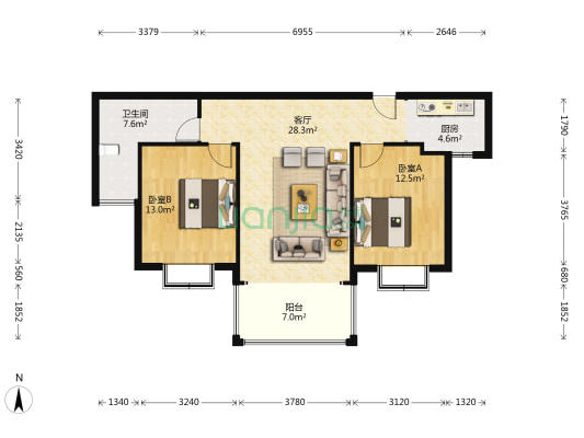 臣功新天地 2室1厅1卫 93平方