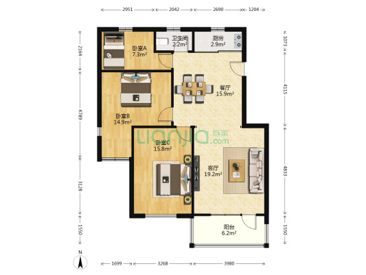 天府明珠 3室2厅1卫 98平方