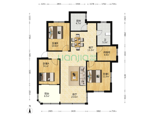 美湾北小区 3室2厅1卫 97平方