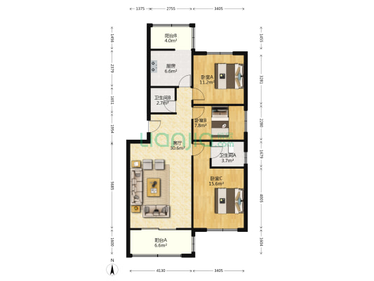 朝阳路南北通透三居，自住房，拎包入住-户型图