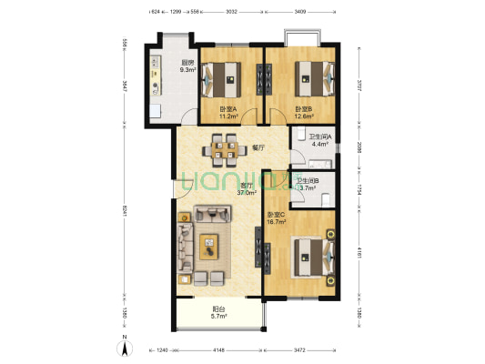 桃苑星言花园 3室1厅2卫 135平方