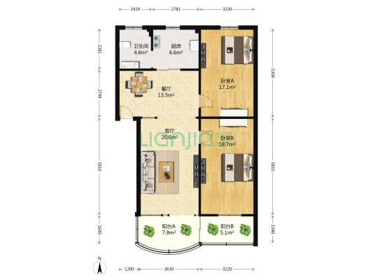 再就业综合市场 2室2厅1卫 115平方