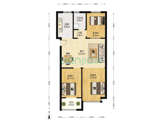 清平花园 3室1厅1卫 109平方