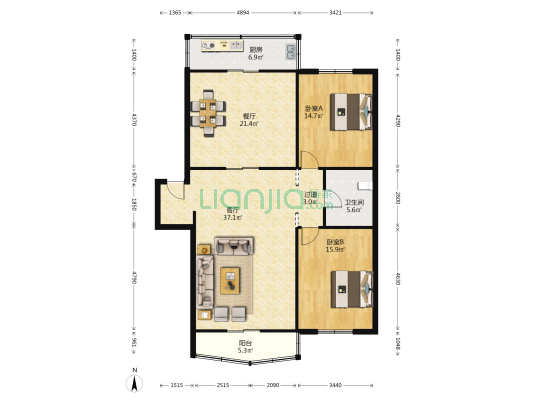 世纪佳园 2室2厅1卫 133平方
