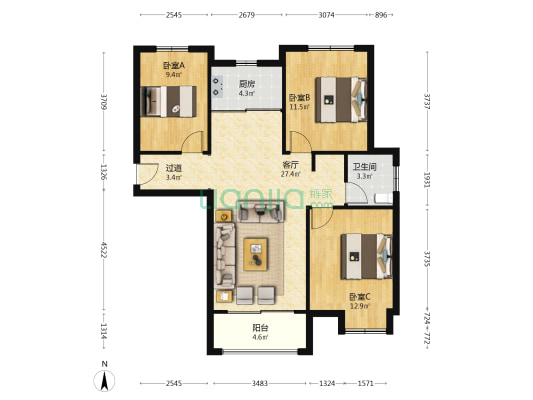 龙谷华庭 3室1厅1卫 110平方