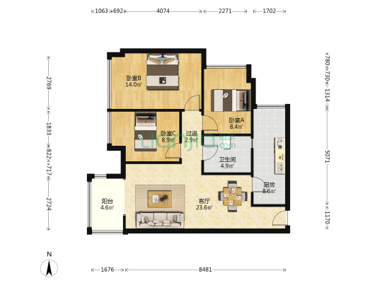 光华美地 3室1厅1卫 88平方